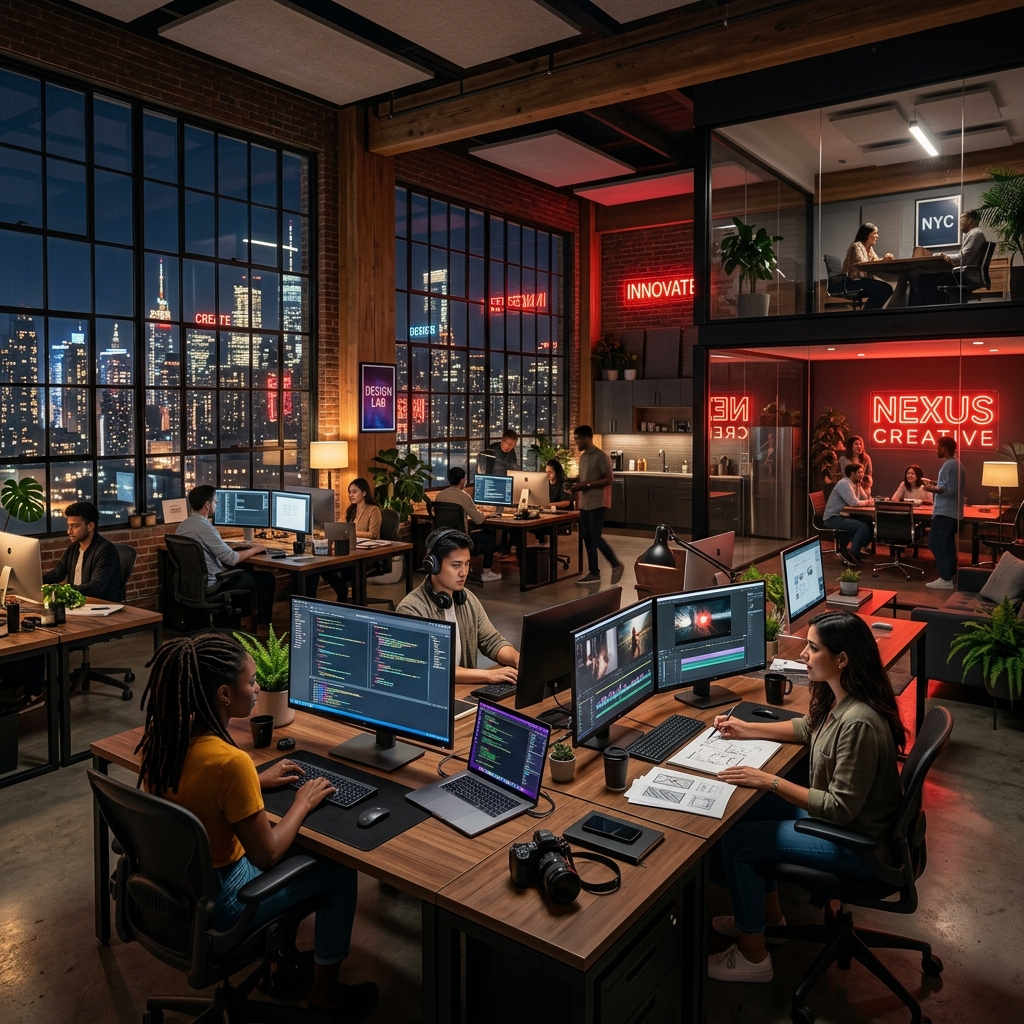 Modern web agency office - NexusCreation team working on digital solutions